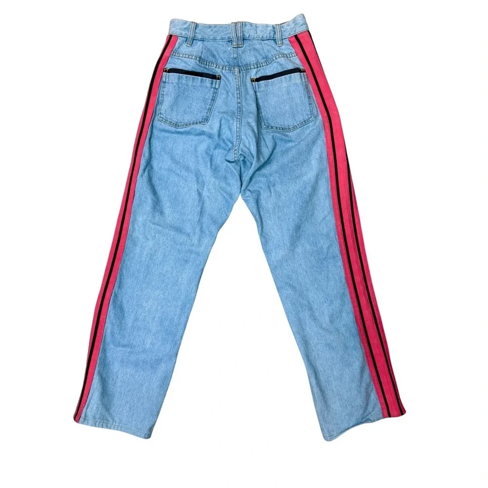 Koche Women Light Wash Designer Paris Jeans Pink Stripe Black Satin $465 MSRP 26